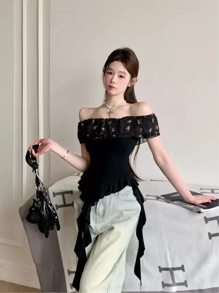 ASAYA Top atasan sabrina off shoulder wanita model ruffle asimetris floral layer slim fit black