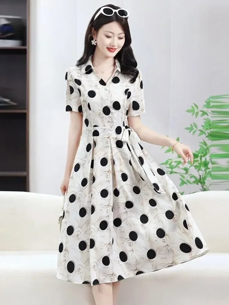 ASAYA Gaun midi untuk wanita motif polkadot dengan model tie waist