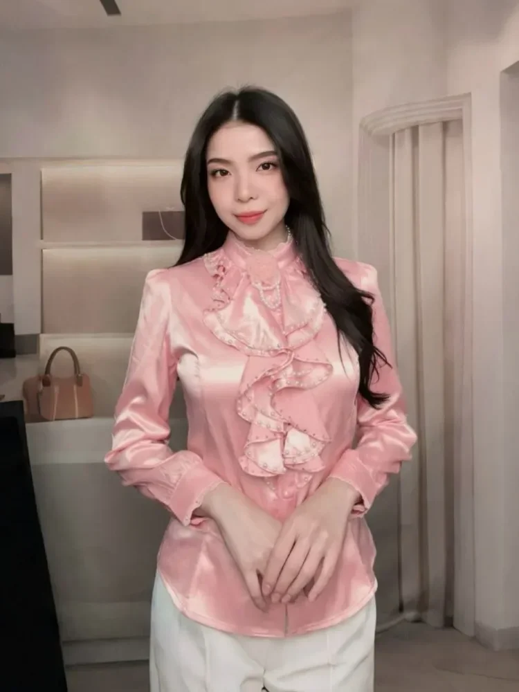 FADFAD Atasan blouse wanita kerah ruffle dengan hiasan manik elegan