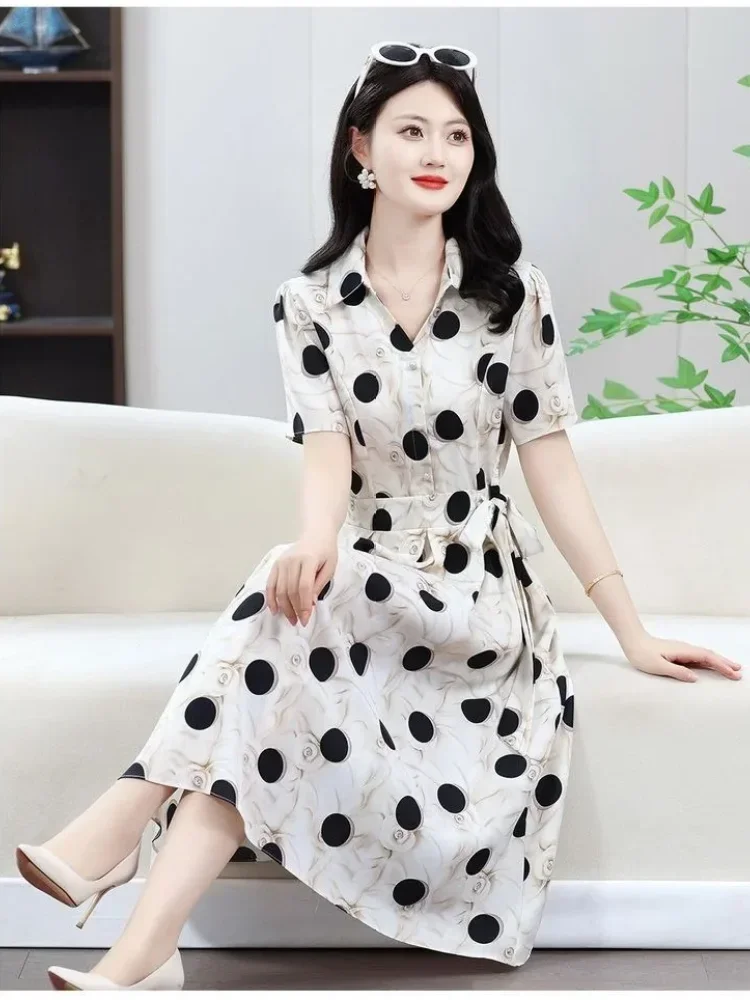ASAYA Gaun midi untuk wanita motif polkadot dengan model tie waist