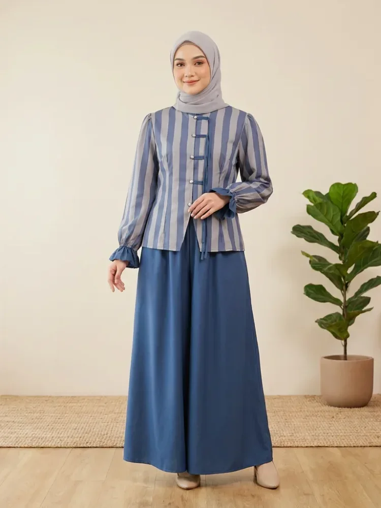 ASAYA Setelan wanita motif garis biru, lengan lonceng, resleting tangan, gaya sederhana, dipadukan dengan celana panjang polos