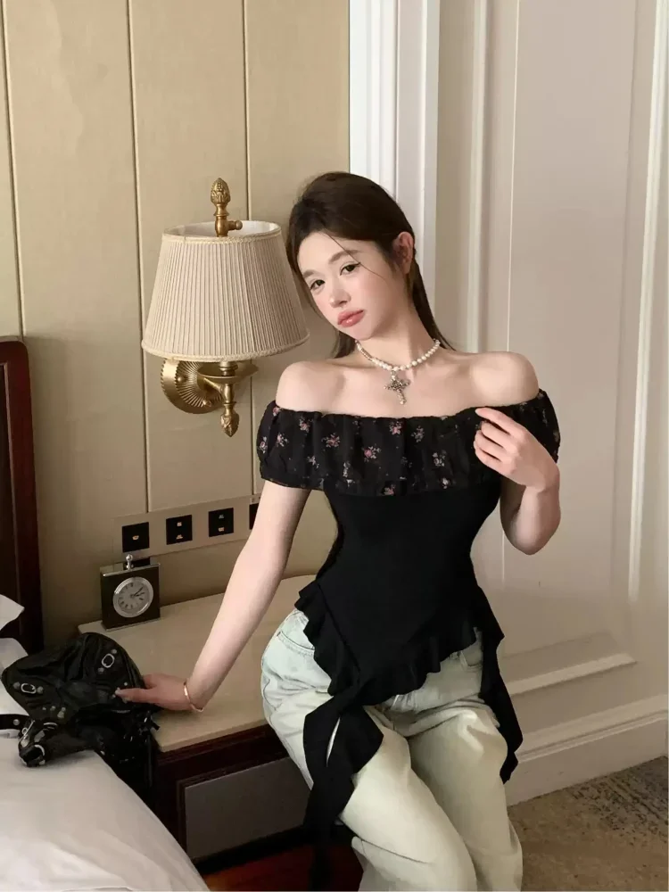 ASAYA Top atasan sabrina off shoulder wanita model ruffle asimetris floral layer slim fit black