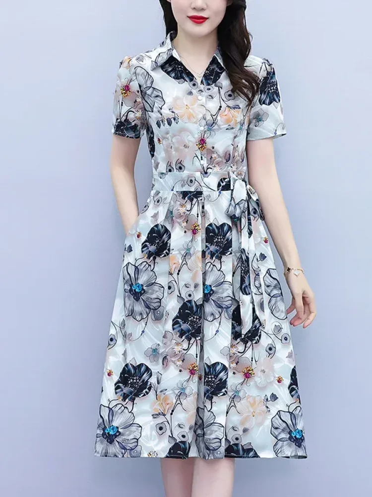 ASAYA Gaun midi lengan pendek motif elegan detail ikat pinggang