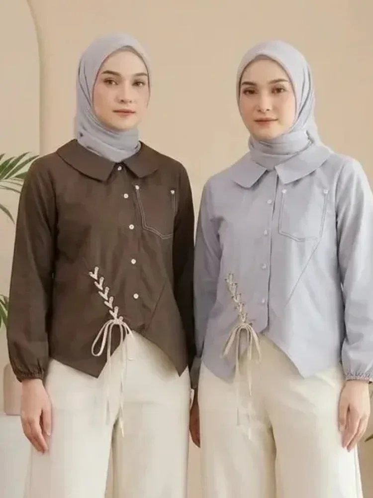 ASAYA Atasan lengan panjang dengan desain tidak beraturan, dilengkapi tali hias dan jahitan kantong palsu