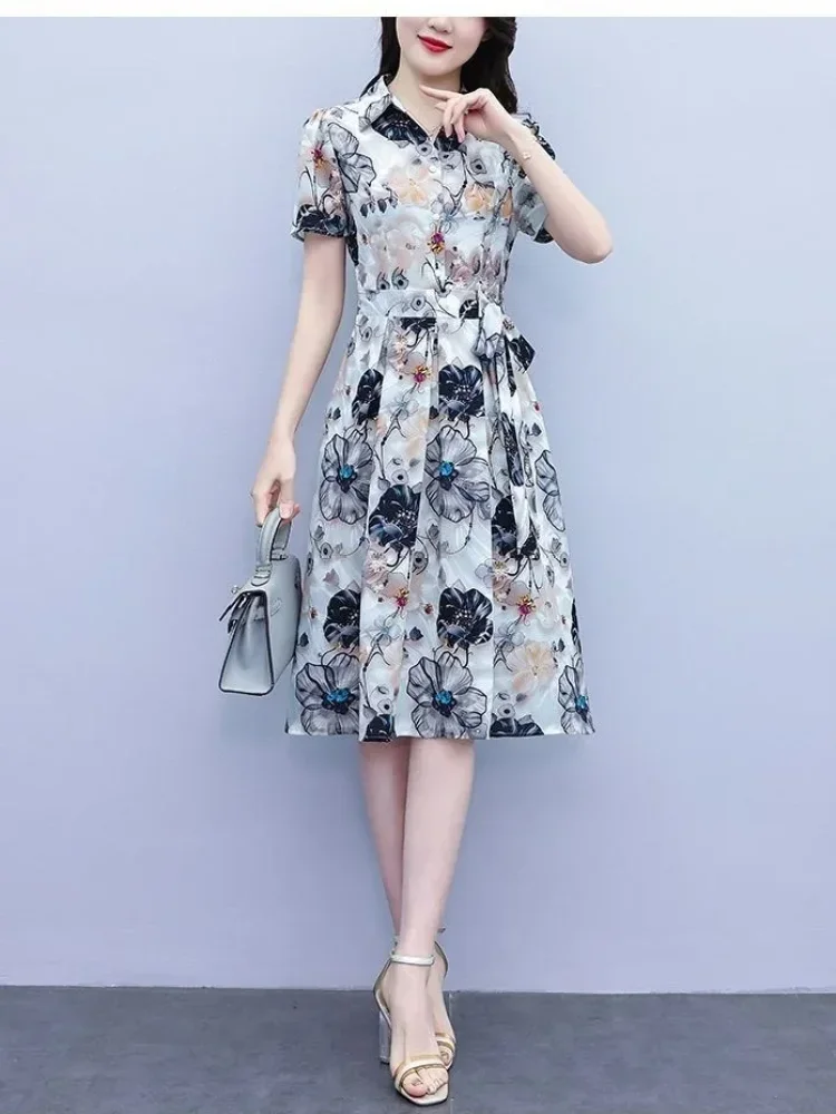 ASAYA Gaun midi lengan pendek motif elegan detail ikat pinggang