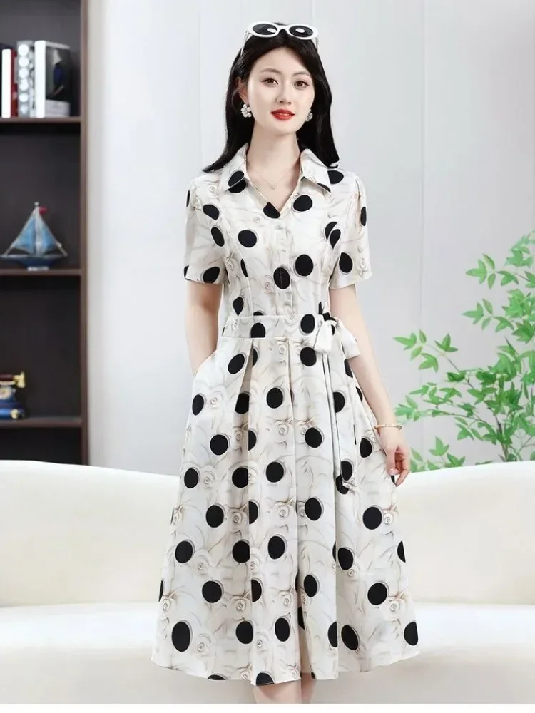 ASAYA Gaun midi untuk wanita motif polkadot dengan model tie waist