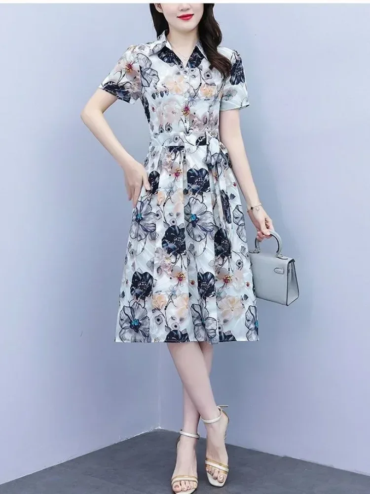 ASAYA Gaun midi lengan pendek motif elegan detail ikat pinggang