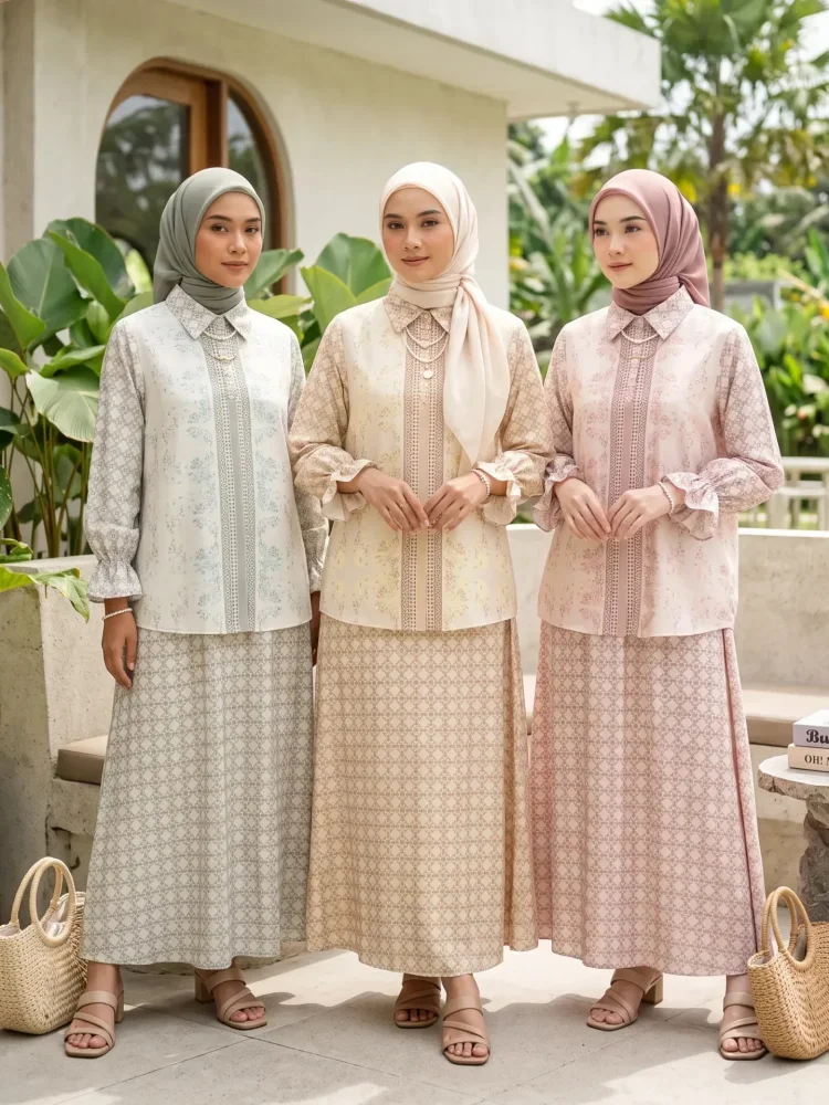 ASAYA Setelan wanita 2in1 blouse lengan panjang motif print kombinasi bunga + rok panjang highwaist elegan model kekinian