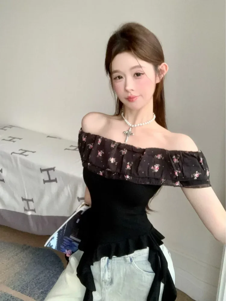 ASAYA Top atasan sabrina off shoulder wanita model ruffle asimetris floral layer slim fit black
