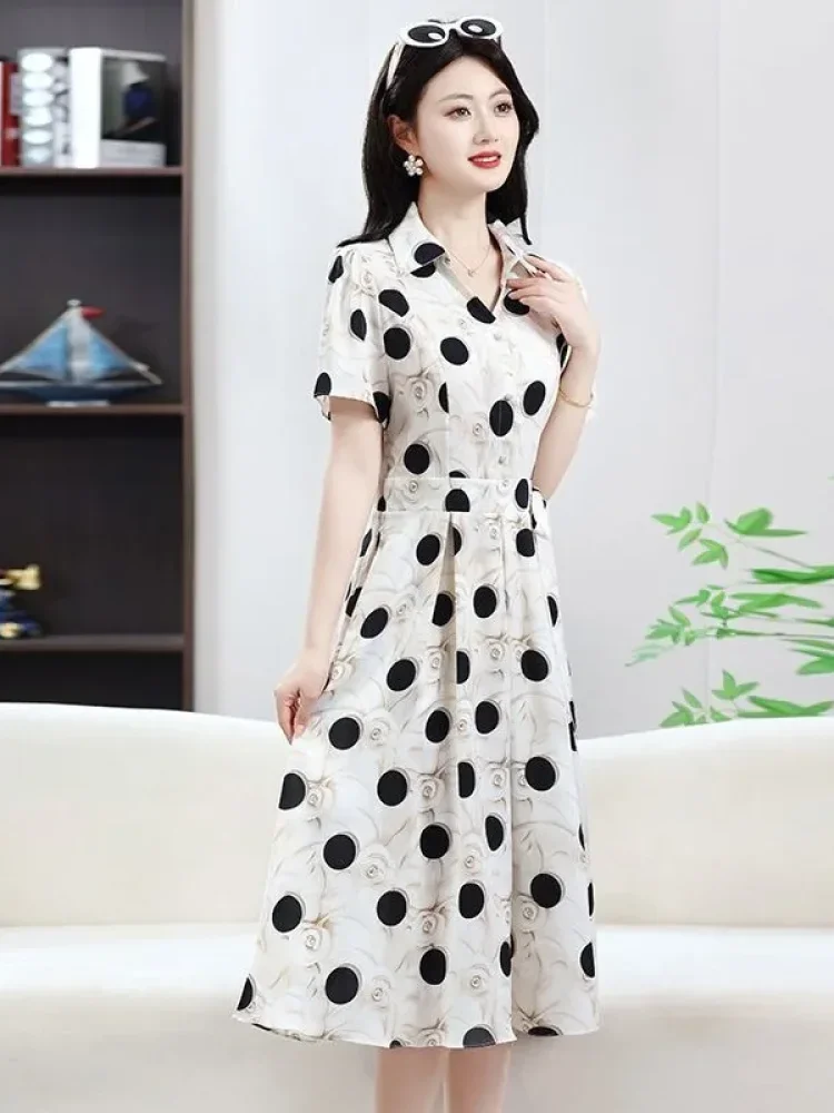 ASAYA Gaun midi untuk wanita motif polkadot dengan model tie waist