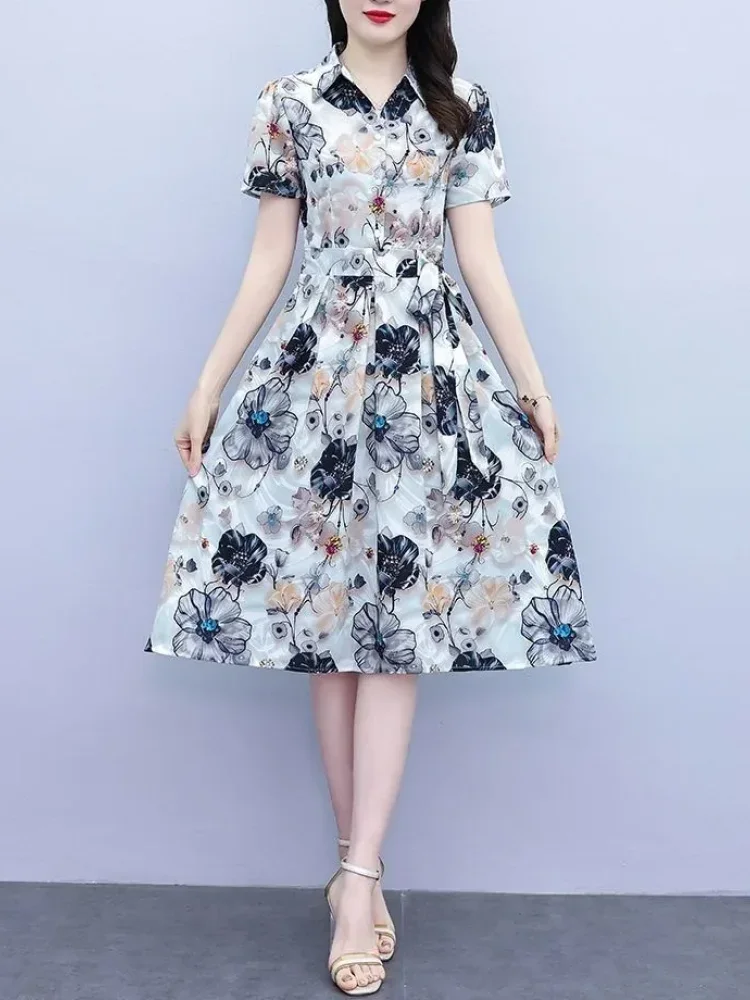 ASAYA Gaun midi lengan pendek motif elegan detail ikat pinggang