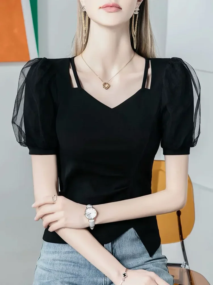 FADFAD Atasan lengan pendek dengan kerah v manis warna solid wanita muda