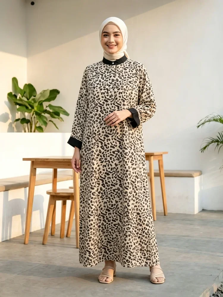ASAYA Gamis wanita elegan motif garis kotak biru abu modern kekinian