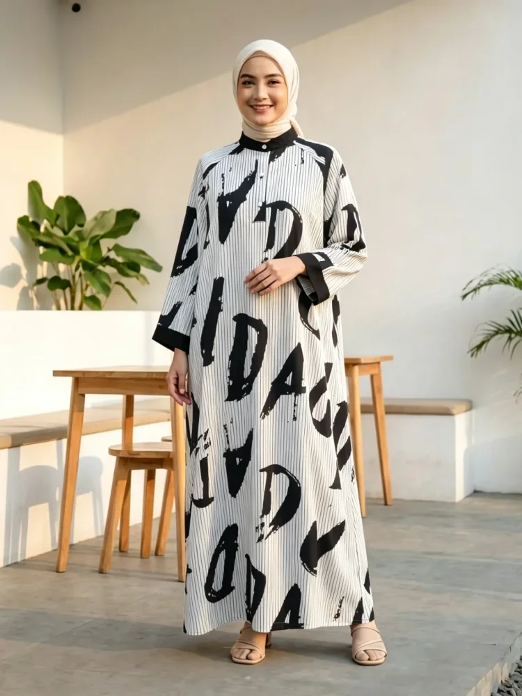 ASAYA Gamis wanita elegan motif garis kotak biru abu modern kekinian