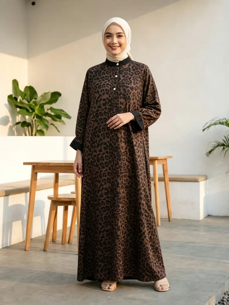 ASAYA Gamis wanita elegan motif garis kotak biru abu modern kekinian