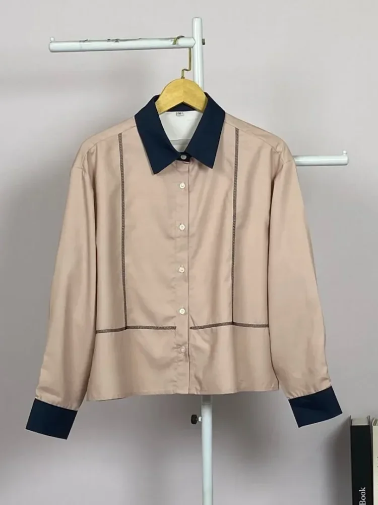 ASAYA Atasan lengan panjang polos dengan kerah polo, dilengkapi saku dan desain jahitan sambungan
