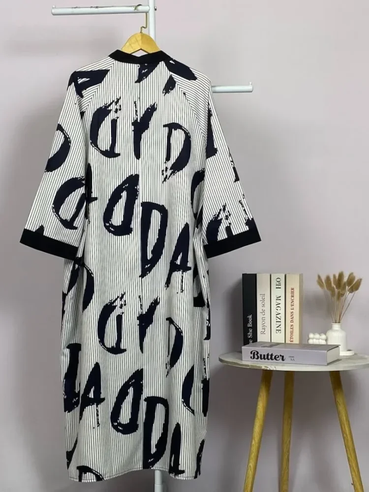 ASAYA Gamis wanita elegan motif garis kotak biru abu modern kekinian