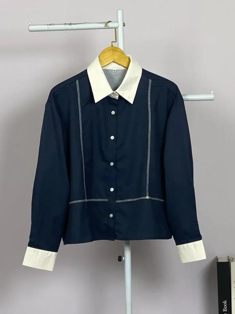 ASAYA Atasan lengan panjang polos dengan kerah polo, dilengkapi saku dan desain jahitan sambungan