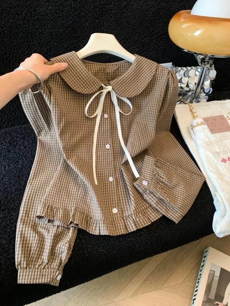 CHICMORE Atasan kemeja lengan panjang untuk wanita kerah peterpan motif plaid