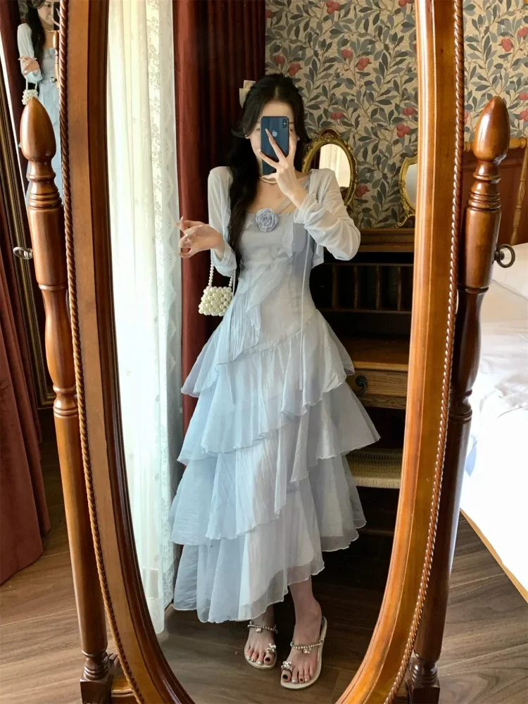 CHICMORE Gaun maxi dengan gaya ruffle layer manis cantik elegan