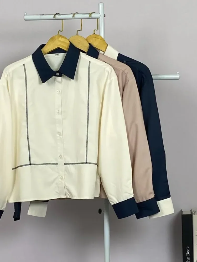 ASAYA Atasan lengan panjang polos dengan kerah polo, dilengkapi saku dan desain jahitan sambungan