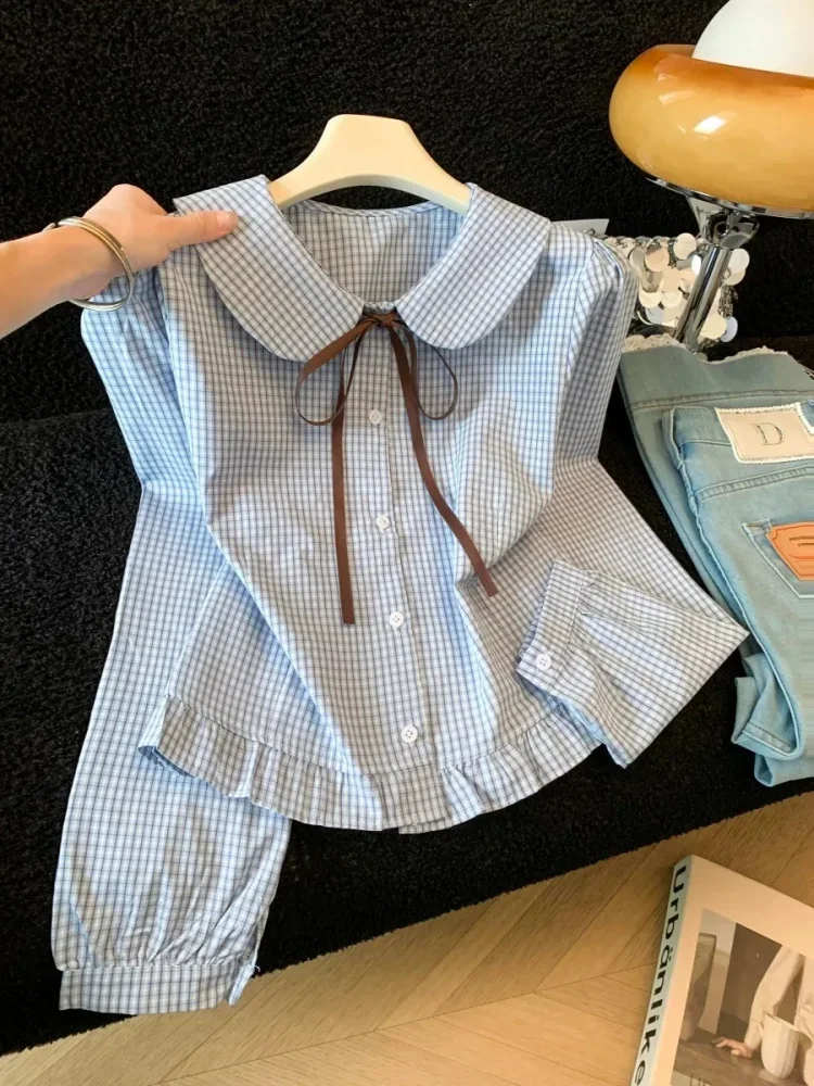 CHICMORE Atasan kemeja lengan panjang untuk wanita kerah peterpan motif plaid