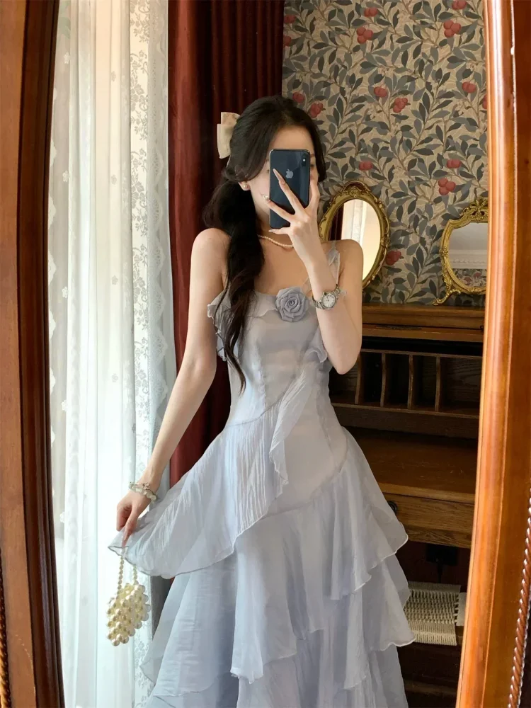 CHICMORE Gaun maxi dengan gaya ruffle layer manis cantik elegan