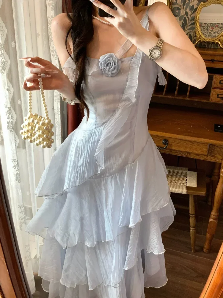 CHICMORE Gaun maxi dengan gaya ruffle layer manis cantik elegan