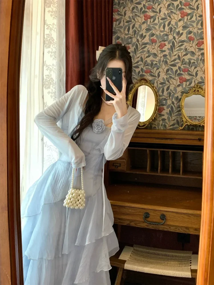 CHICMORE Gaun maxi dengan gaya ruffle layer manis cantik elegan