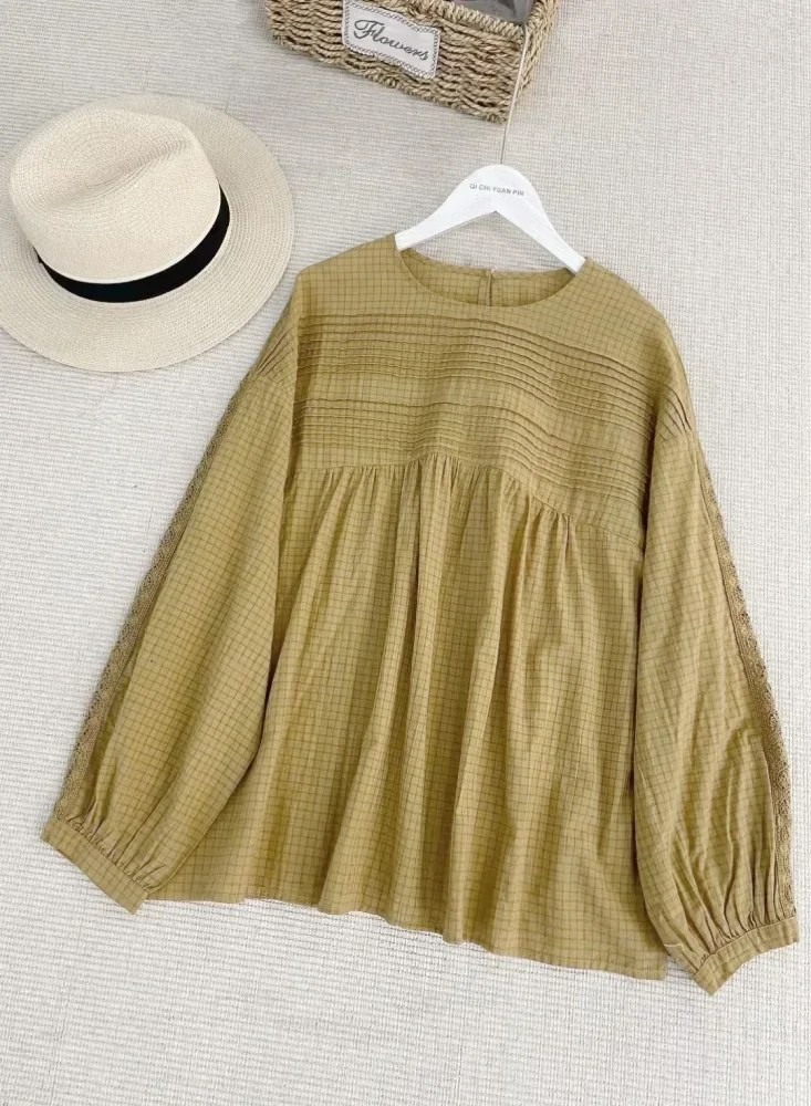 CHICMORE Atasan blouse lengan panjang kerah bulat motif cetak gaya kekinian
