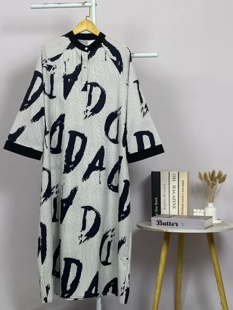 ASAYA Gamis wanita elegan motif garis kotak biru abu modern kekinian