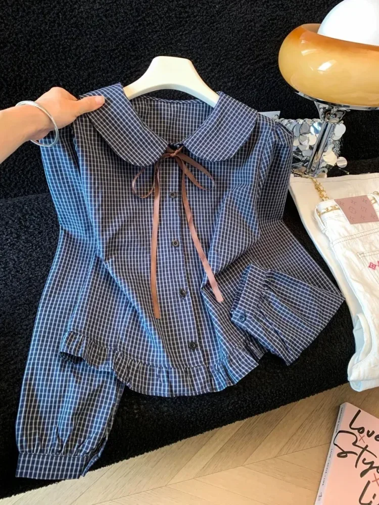 CHICMORE Atasan kemeja lengan panjang untuk wanita kerah peterpan motif plaid