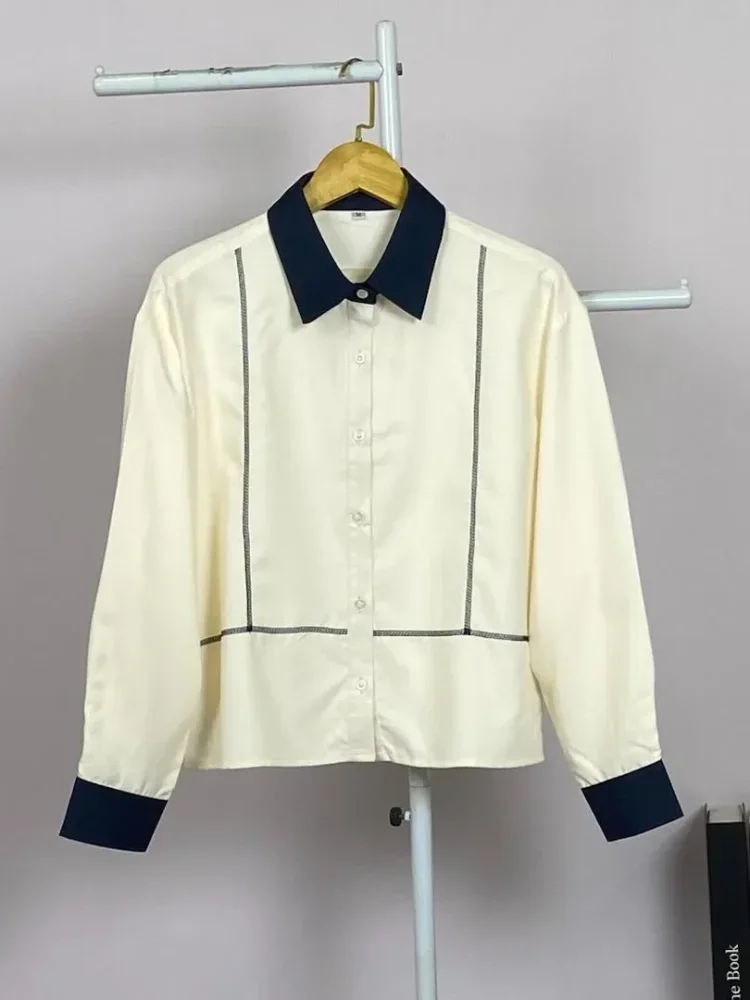 ASAYA Atasan lengan panjang polos dengan kerah polo, dilengkapi saku dan desain jahitan sambungan