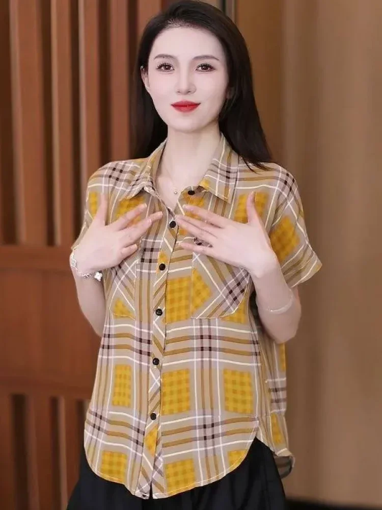 ASAYA Atasan wanita kemeja longgar lengan pendek motif kotak kaual
