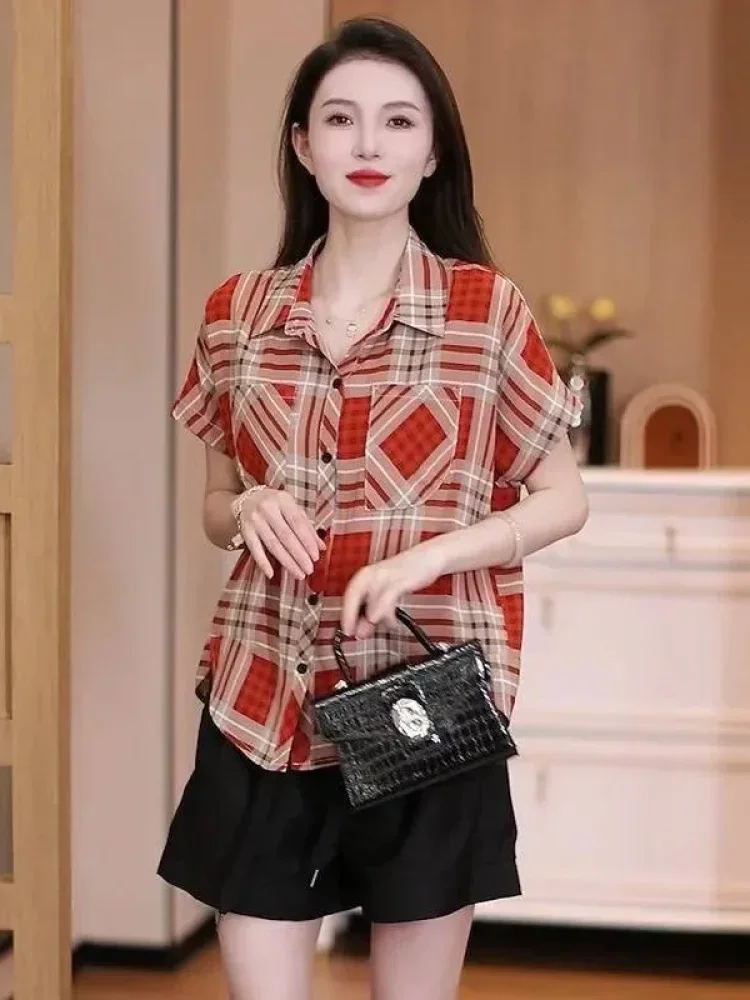 ASAYA Atasan wanita kemeja longgar lengan pendek motif kotak kaual