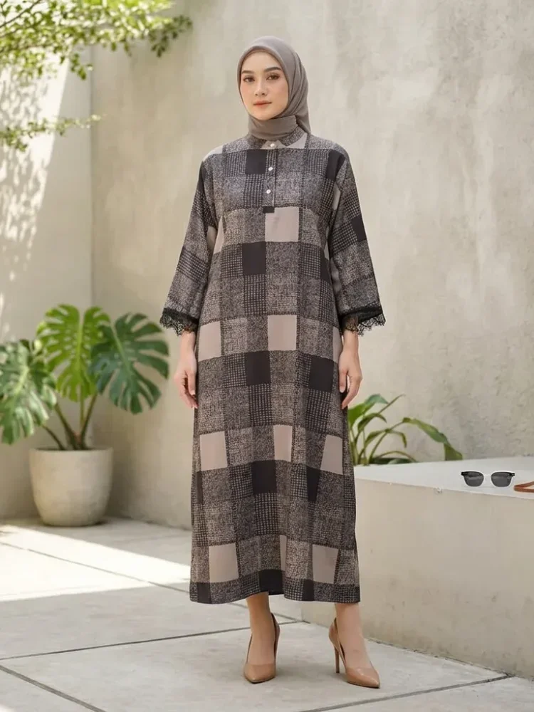 ASAYA Gamis wanita elegan motif garis kotak biru abu modern kekinian