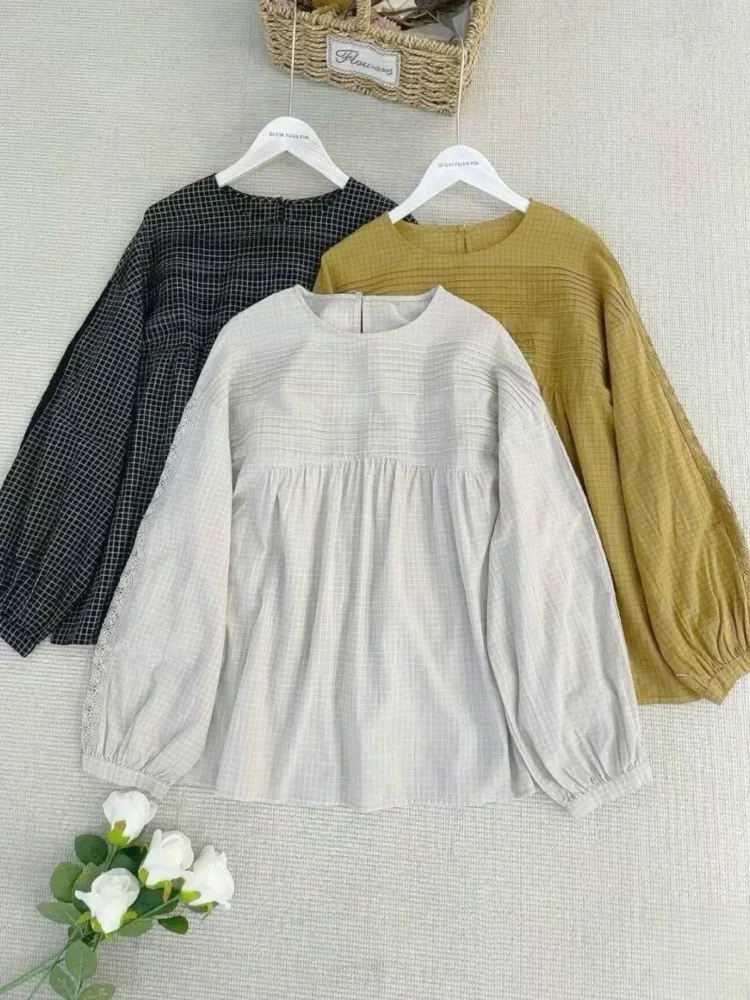 CHICMORE Atasan blouse lengan panjang kerah bulat motif cetak gaya kekinian
