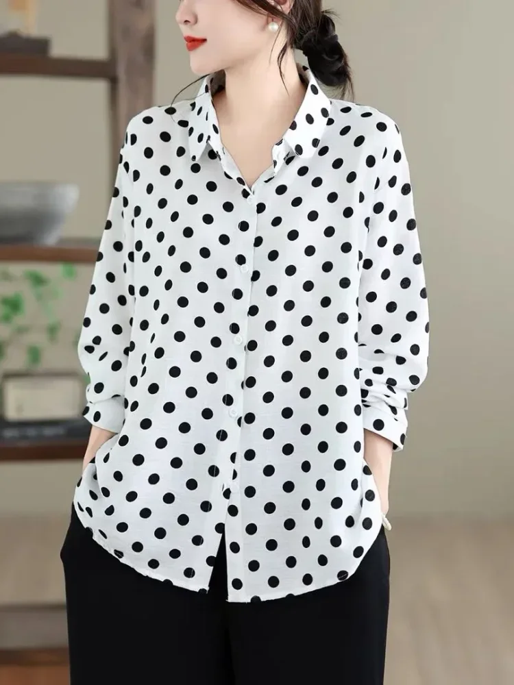 ASAYA Kemeja atasan wanita lengan panjang motif polkadot bergaya cantik