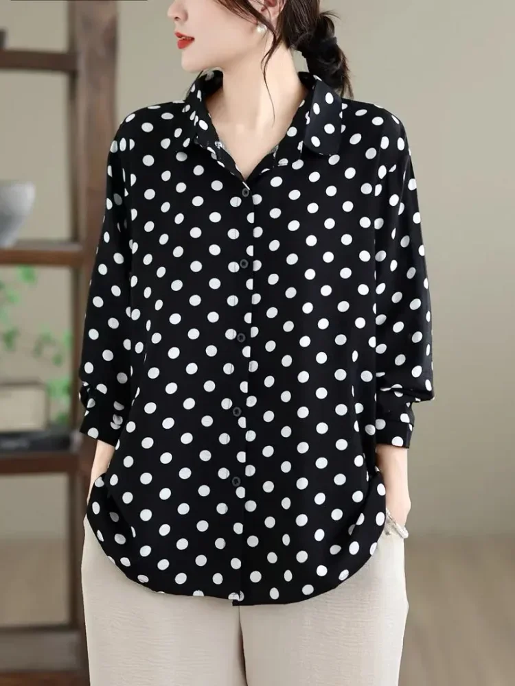 ASAYA Kemeja atasan wanita lengan panjang motif polkadot bergaya cantik