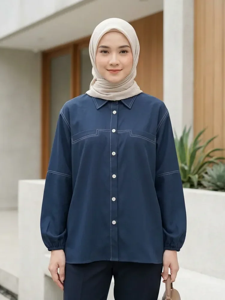 ASAYA Atasan kemeja kancing sebaris kerah bulat warna solid gaya kasual baru