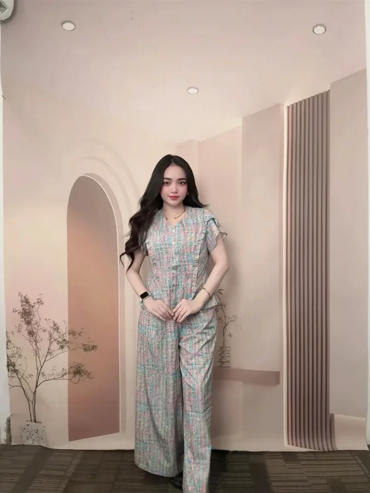 [READY STOCK]FADFAD Setelan dua potong pakaian wanita atasan + celana panjang lebar gaya baru