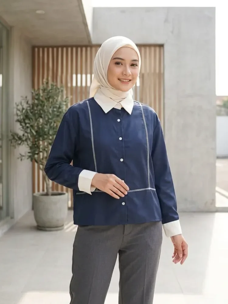 ASAYA Atasan lengan panjang polos dengan kerah polo, dilengkapi saku dan desain jahitan sambungan