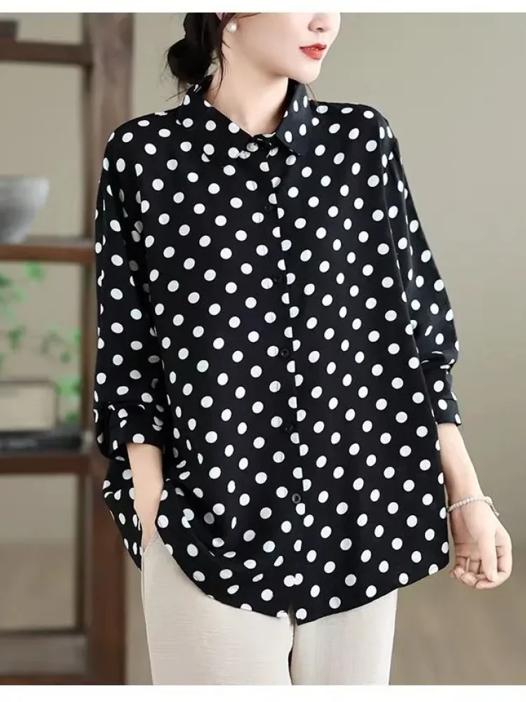 ASAYA Kemeja atasan wanita lengan panjang motif polkadot bergaya cantik