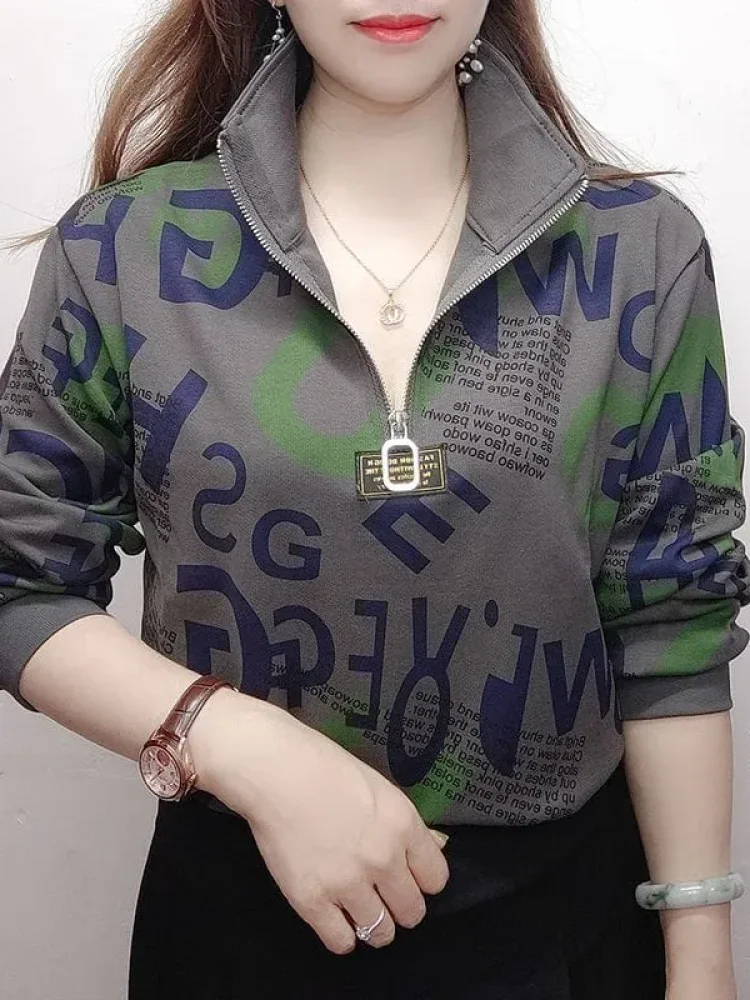 FADFAD Atasan sweatshirt wanita dengan kerah zipper dan motif cetak