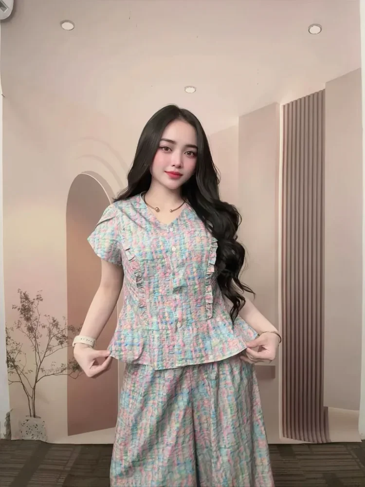 [READY STOCK]FADFAD Setelan dua potong pakaian wanita atasan + celana panjang lebar gaya baru