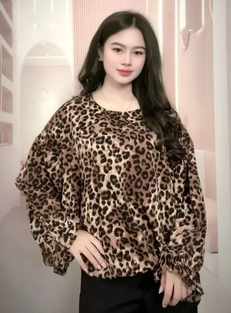 ASAYA Atasan wanita blouse longgar lengan panjag motif leopard