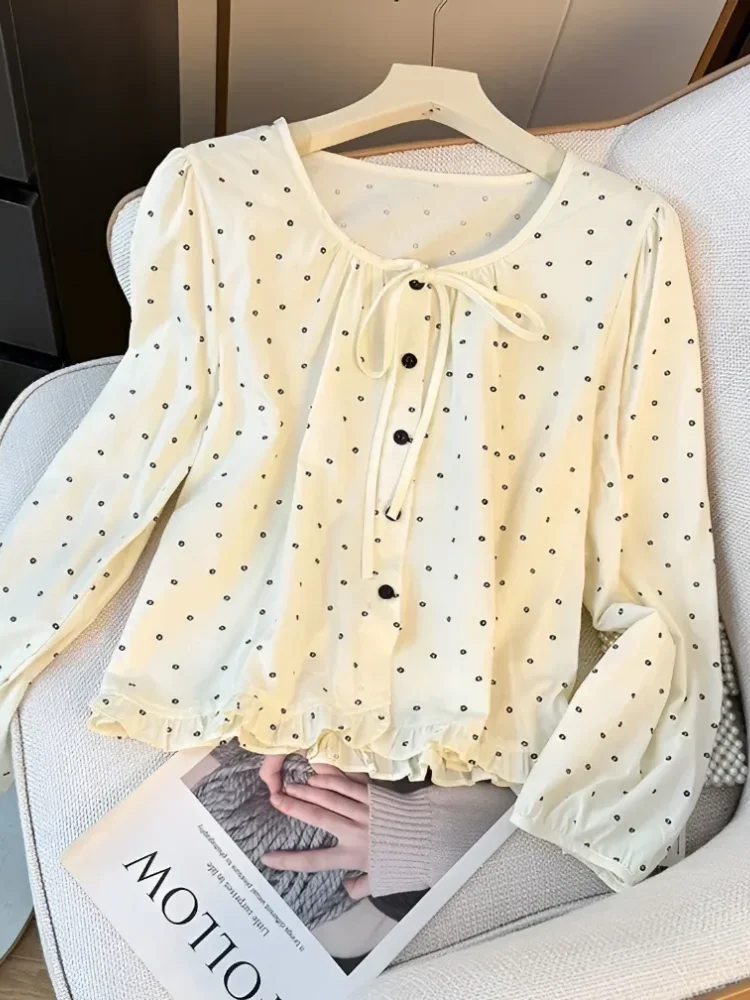 CHICMORE Atasan kerah leher bulat motif polkadot gaya kekinian wanita modis