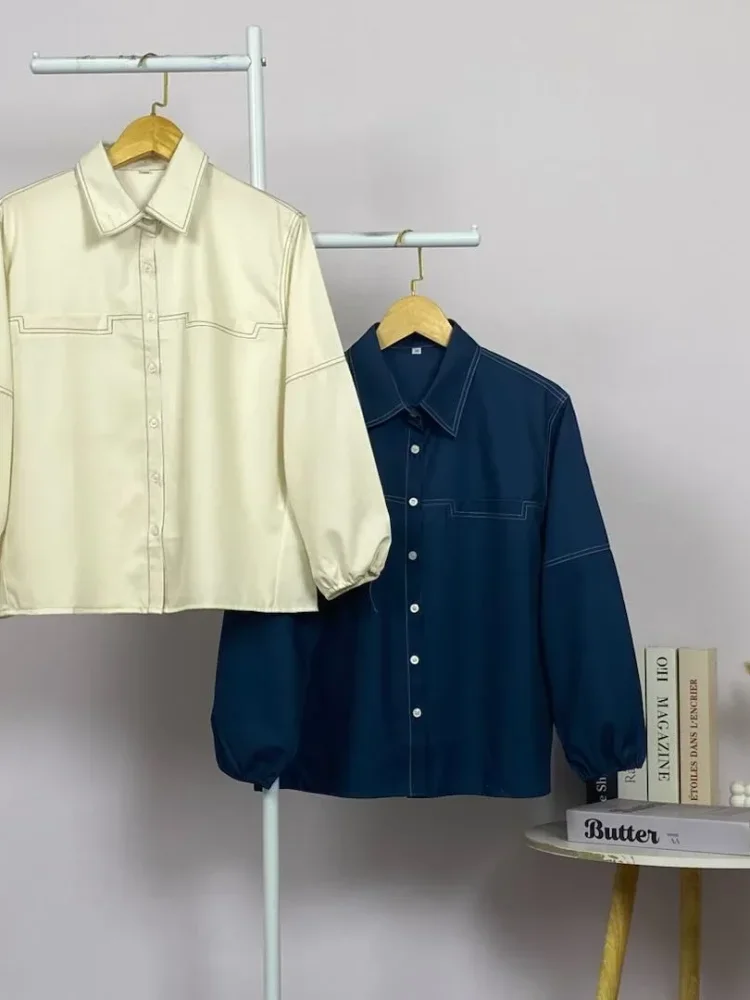 ASAYA Atasan kemeja kancing sebaris kerah bulat warna solid gaya kasual baru