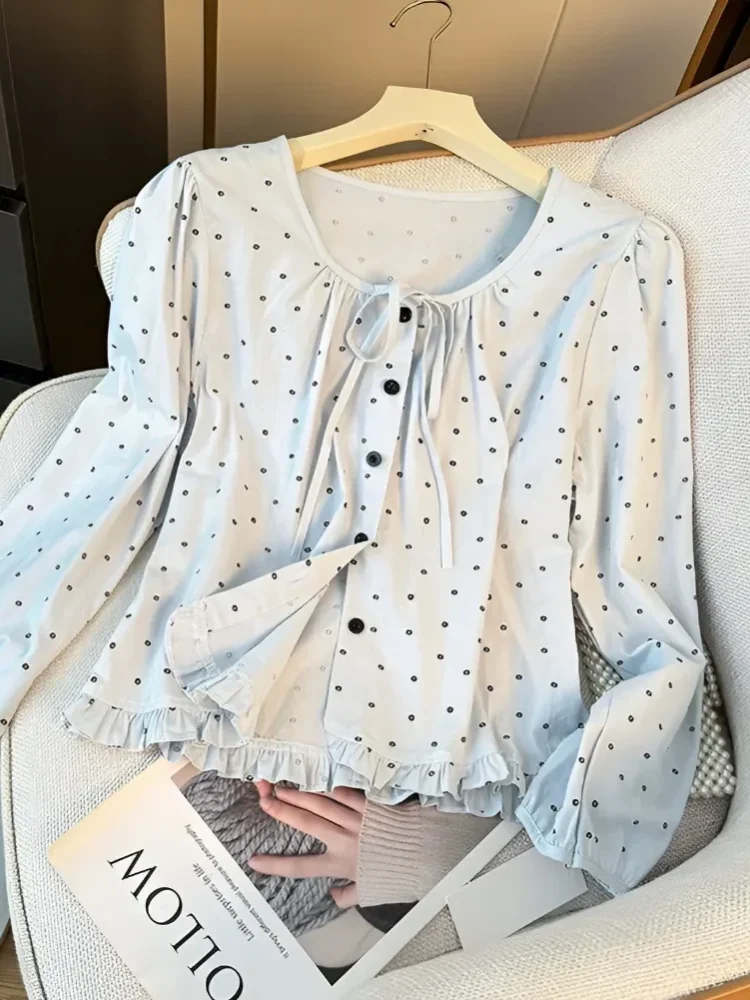 CHICMORE Atasan kerah leher bulat motif polkadot gaya kekinian wanita modis