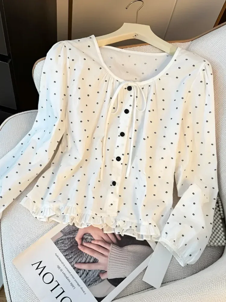 CHICMORE Atasan kerah leher bulat motif polkadot gaya kekinian wanita modis